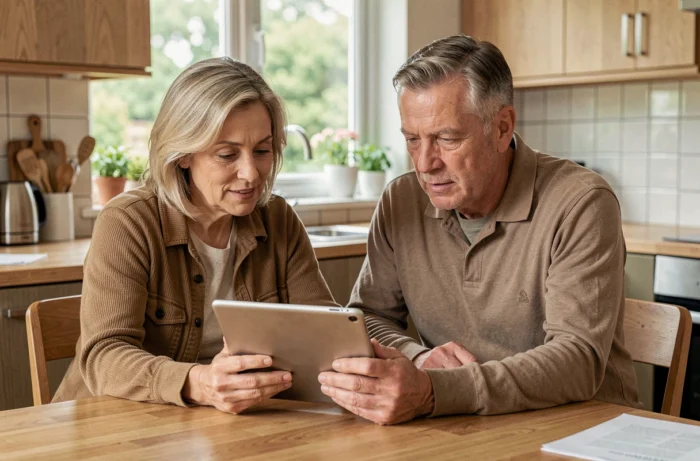 Couple comparant des offres de complémentaire santé responsable sur une tablette à la maison