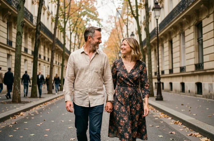 Couple complice se promenant sur un boulevard parisien bordé d'arbres en automne, sourires naturels et complicité évidente