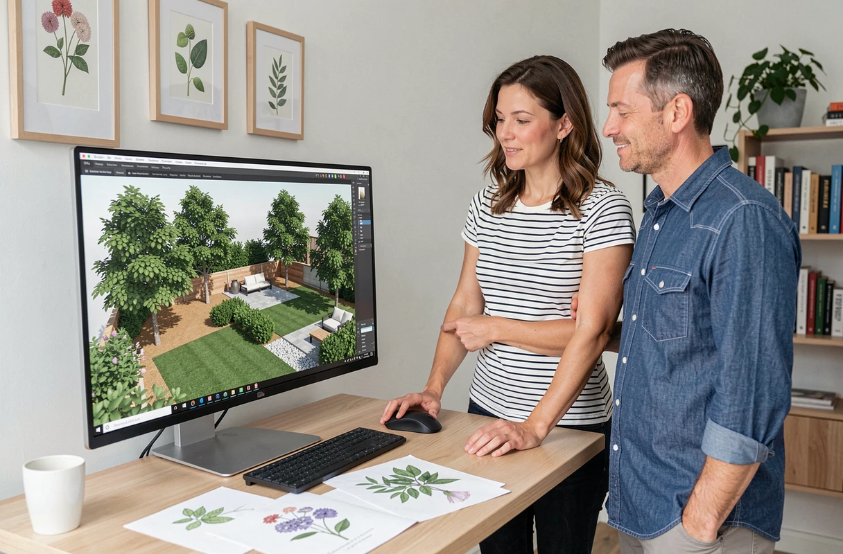 Couple planifiant l'aménagement de leur jardin avec un logiciel 3D gratuit sur un ordinateur de bureau