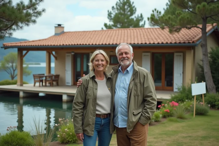 Couple devant une maison à vendre au bord d'un lac avec terrasse et vue sur l'eau en Île-de-France
