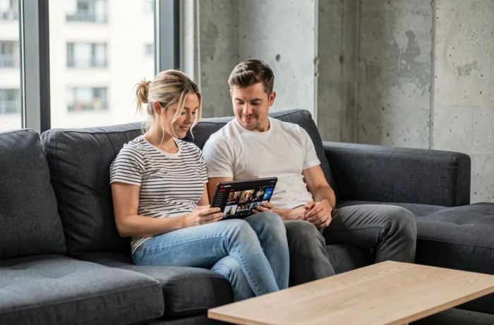 Couple regardant le catalogue Netflix sur une tablette grâce à leur abonnement Canal Plus dans un appartement moderne
