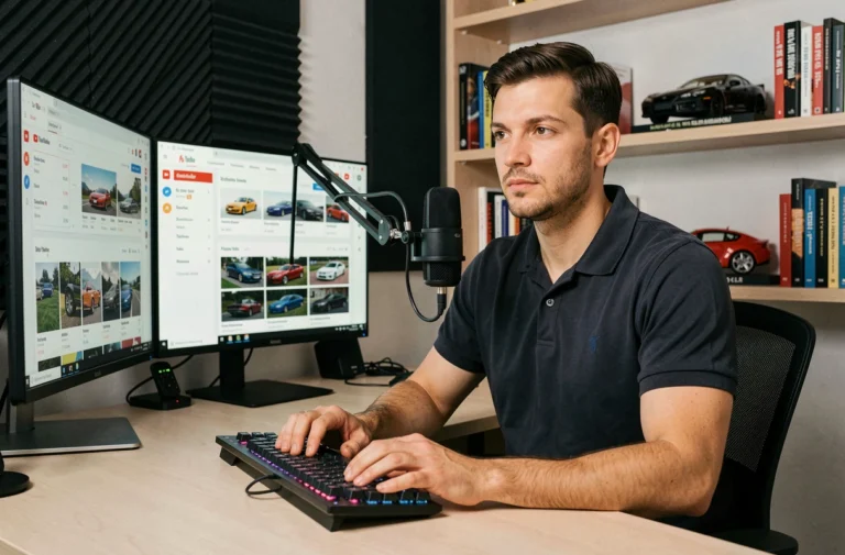 Créateur de contenu automobile analysant ses statistiques YouTube depuis un studio home office professionnel
