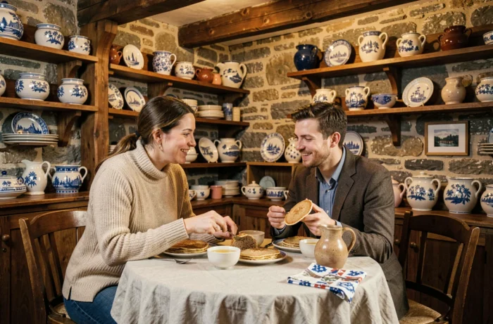 Couple dégustant une galette de sarrasin et du cidre dans une crêperie bretonne traditionnelle aux murs en pierre