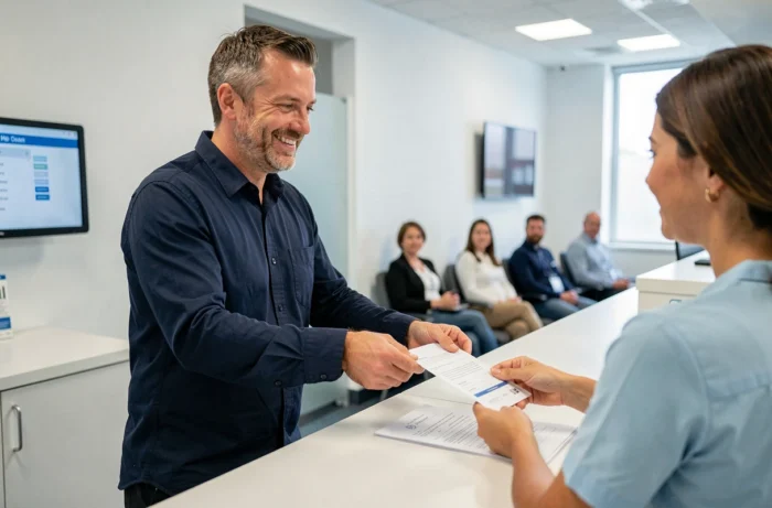 Homme effectuant ses démarches administratives de santé dans une clinique moderne