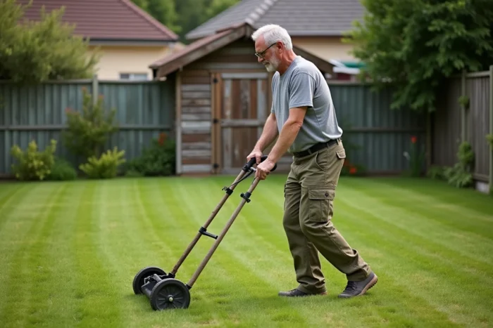 Homme utilisant un désherbeur à rouleau manuel pour traiter les mauvaises herbes d'un grand jardin