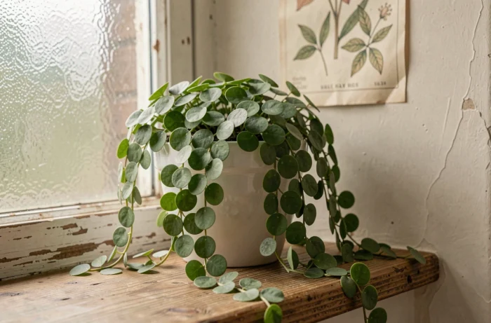 Dischidia nummularia aux petites feuilles rondes retombant discrètement d'un pot blanc sur un rebord de fenêtre en bois