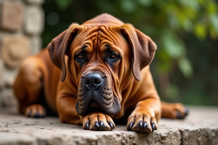 Dogue de Bordeaux au repos sur une terrasse en pierre, avec son museau large et ses rides caractéristiques en gros plan