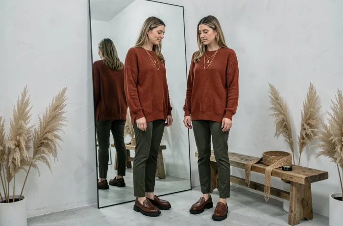 Mulher diante de um espelho em pé em um guarda-roupa minimalista, combinando um suéter oversized em tom ferrugem com acessórios de tendência de outono