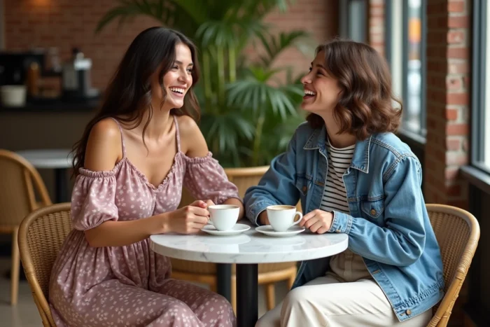Deux femmes tendance en tenue de mode printemps-été attablées dans un café à l'ambiance chaleureuse