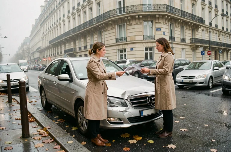 Deux conducteurs échangeant des documents après un accident de voiture sur un boulevard parisien