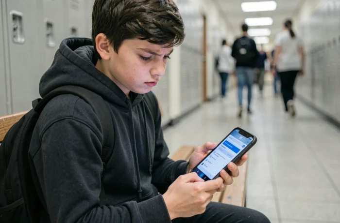 Schüler, der sich im Schulflur über ein Smartphone im Orchestra-Portal anmeldet