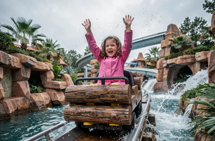 Begeistertes kleines Mädchen auf einem Wasserfahrgeschäft in einem französischen Freizeitpark