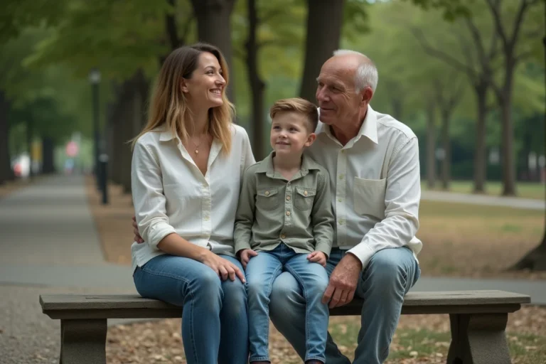 Une femme, un enfant et un homme dans un parc, illustrant la complexité d'une famille recomposée et la décision de s'engager avec une mère célibataire