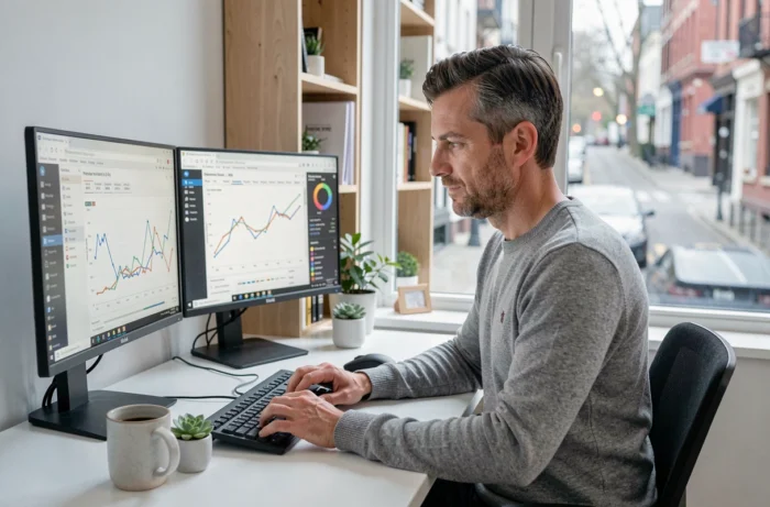 Entrepreneur analysant des données de performance et des tendances de croissance sur deux écrans dans un bureau à domicile moderne