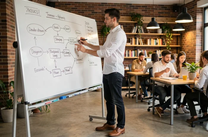 Jeune entrepreneur écrivant une stratégie d'affaires sur un tableau blanc dans un espace de co-working dynamique