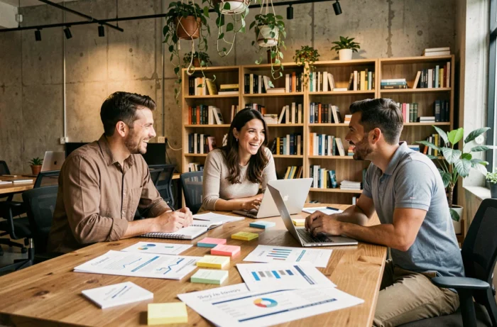 Équipe de professionnels collaborant autour d'une table de travail pour développer une stratégie de croissance d'entreprise