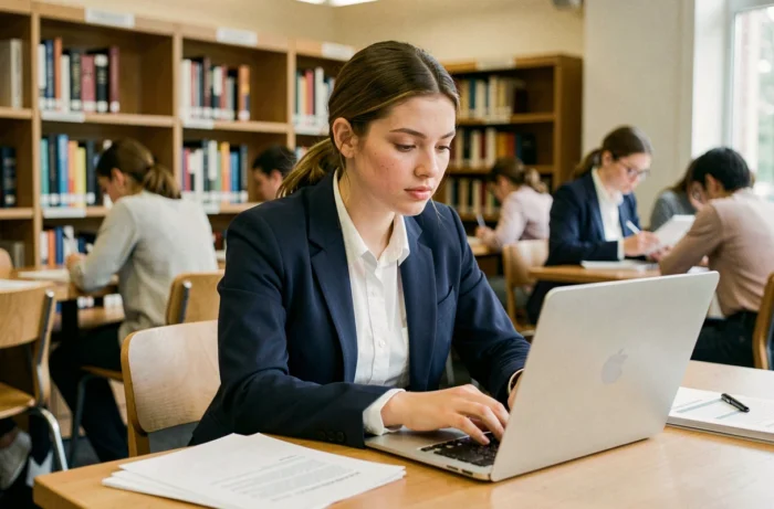 Jeune étudiante en blazer travaillant sur un ordinateur portable dans une bibliothèque universitaire moderne
