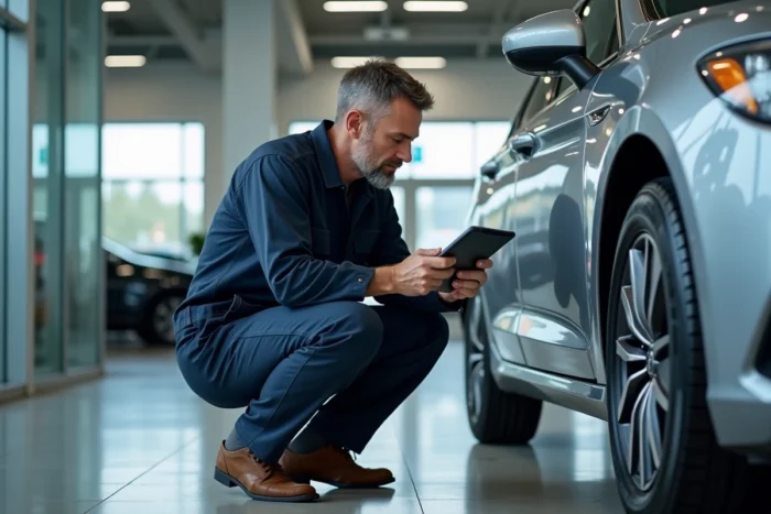 Expert automobile inspectant une voiture d'occasion dans une concession moderne avant achat
