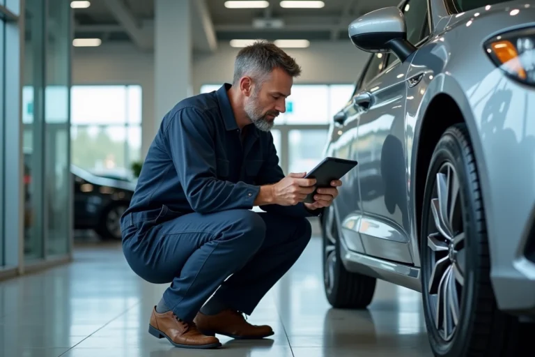 Expert automobile inspectant une voiture d'occasion dans une concession moderne avant achat