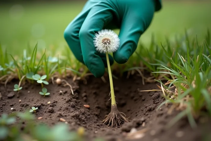 Gros plan sur l'extraction d'un pissenlit avec ses racines d'une pelouse compactée