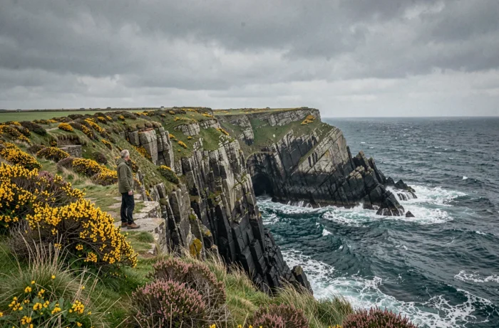 Falaises sauvages de la Pointe du Raz en Bretagne avec un randonneur contemplant l'océan Atlantique