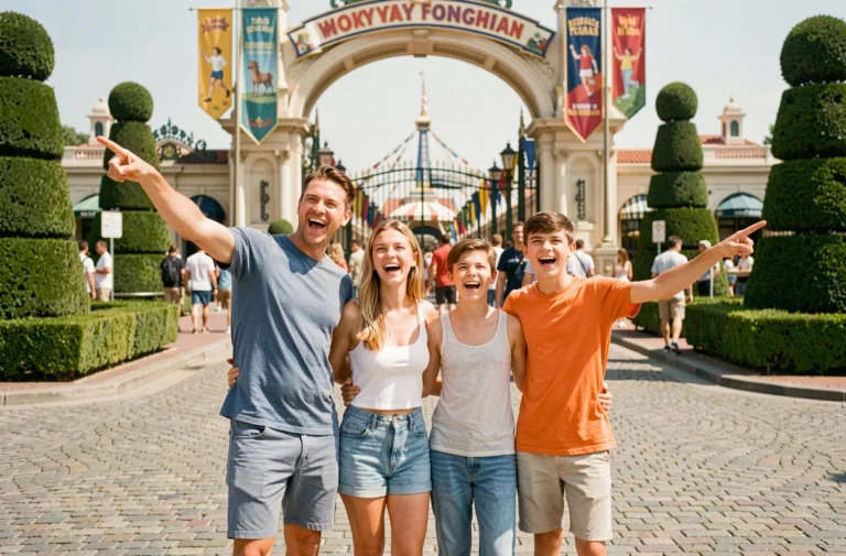 Famille souriante devant l'entrée d'un parc d'attractions en France en été
