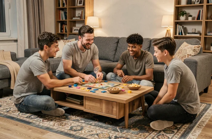 Une famille jouant à un jeu de société ensemble dans le salon, moment de loisirs et de partage en famille à la maison