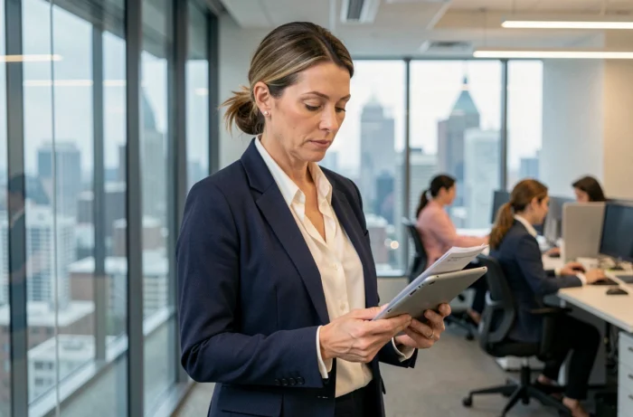 Femme d'affaires confiante en blazer marine consultant une tablette dans un bureau moderne avec vue sur la ville