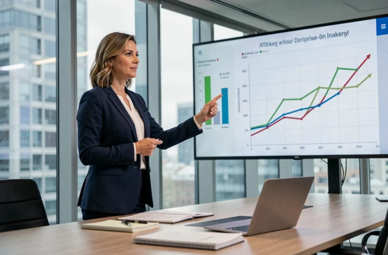 Femme d'affaires présentant des graphiques de croissance dans une salle de réunion moderne en 2024