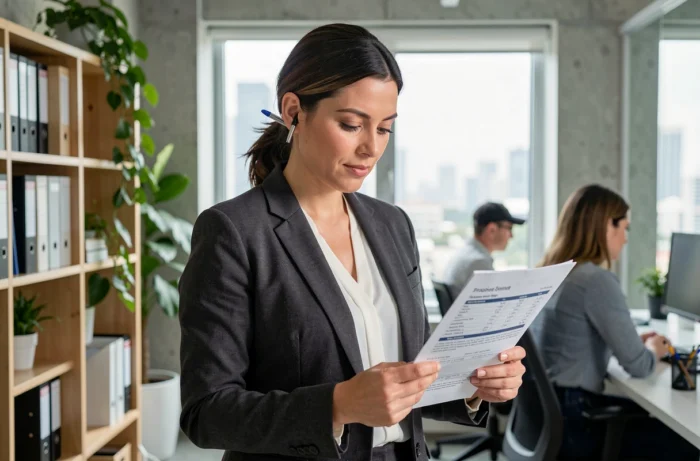 Une femme d'affaires analyse un devis d'assurance de prêt immobilier dans un espace de coworking moderne