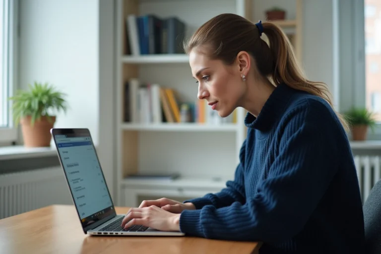 Femme analysant une URL masquée sur un ordinateur portable dans un bureau à domicile moderne