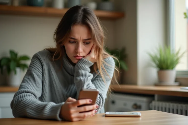 Femme consultant son smartphone avec une expression perplexe pour savoir si elle est bloquée en SMS