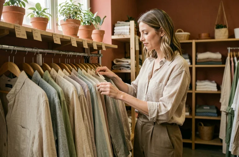 Femme choisissant des vêtements en lin naturel dans une boutique de mode éthique aux murs en terre cuite et étagères en bois brut
