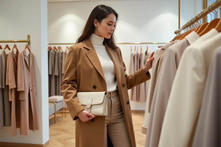 Femme élégante en manteau camel feuilletant des vêtements dans une boutique de mode parisienne contemporaine
