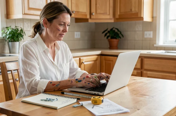 Femme consultant un site de bricolage en ligne depuis sa cuisine avec du matériel de rénovation sur la table