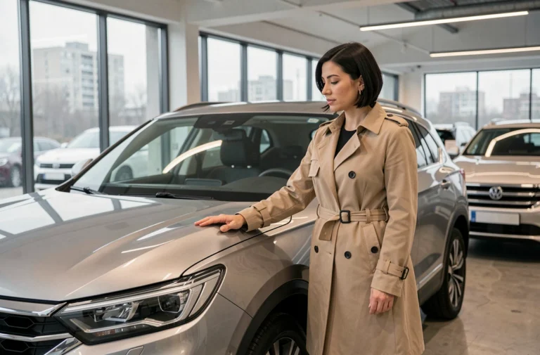 Femme examinant un SUV moderne dans une concession automobile en 2024, aide au choix de voiture idéale