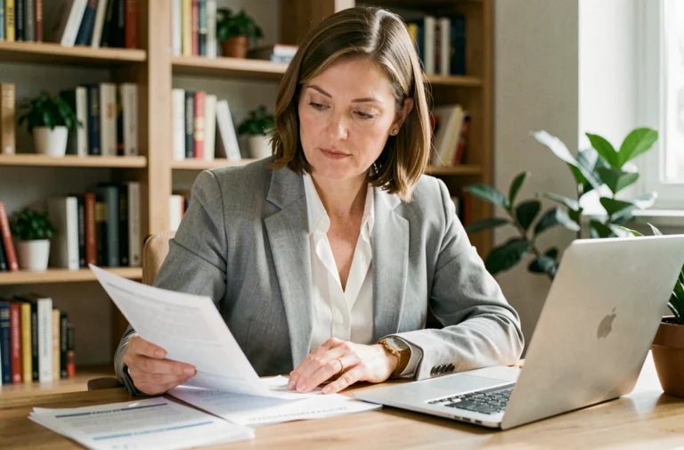 Femme consultant des documents de complémentaire santé responsable à son bureau à domicile