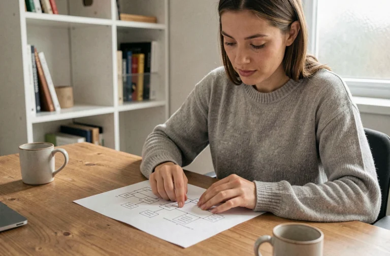 Femme consultant un diagramme de sitemap imprimé sur papier dans un bureau à domicile moderne