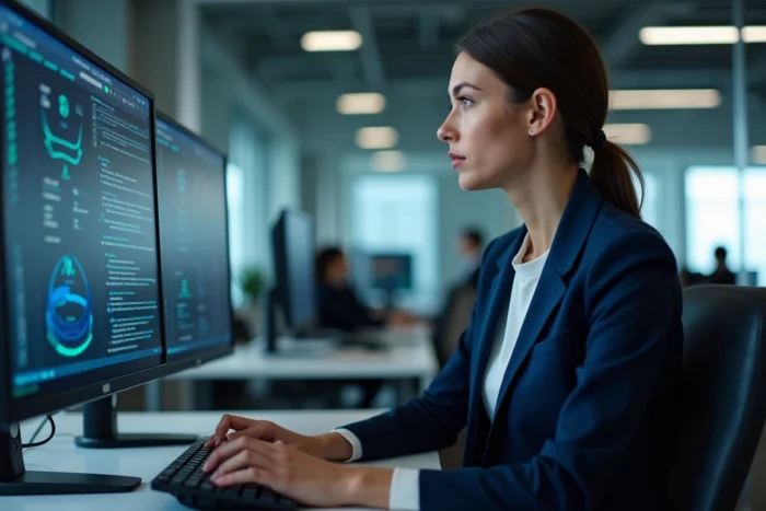 Professionnelle en cybersécurité analysant des tableaux de bord de sécurité réseau sur deux écrans dans un bureau moderne