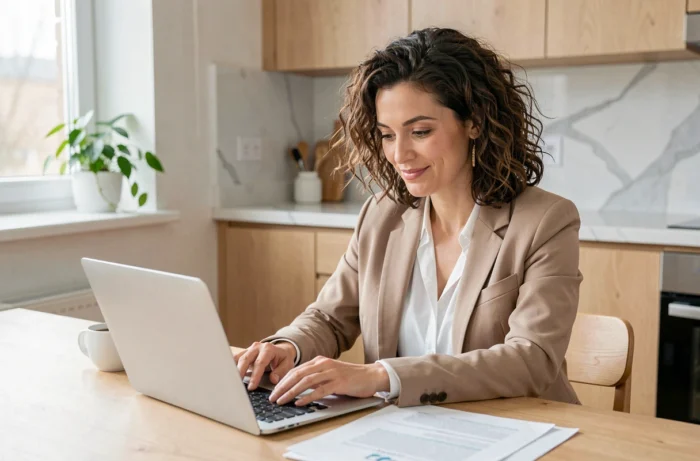 Femme consultant ses documents de prêt immobilier sur un ordinateur portable depuis son domicile