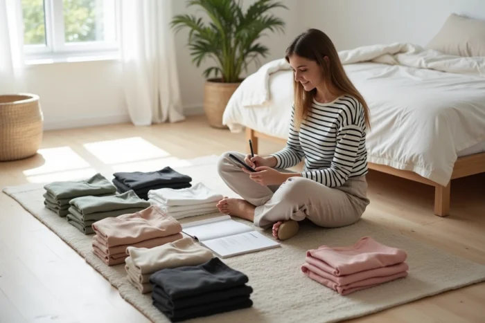 Femme assise sur le sol triant des vêtements pour créer une garde-robe capsule minimaliste