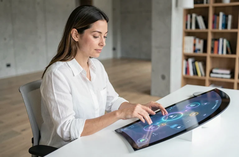 Femme interagissant avec une interface tactile moderne dans un studio épuré, illustrant la fusion du design et de la technologie au quotidien