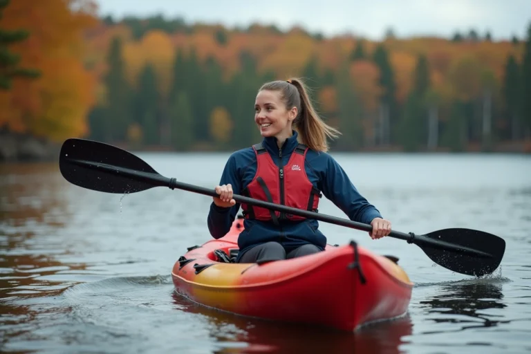 Femme pagayant dans un kayak gonflable Advanced Elements Lagoon 1 sur un lac calme entouré de forêt automnale