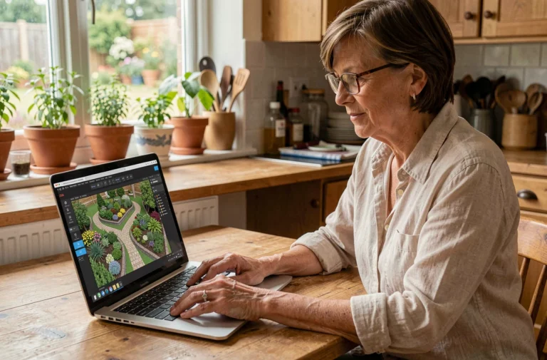 Femme utilisant un logiciel gratuit d'aménagement de jardin sur un ordinateur portable dans une cuisine