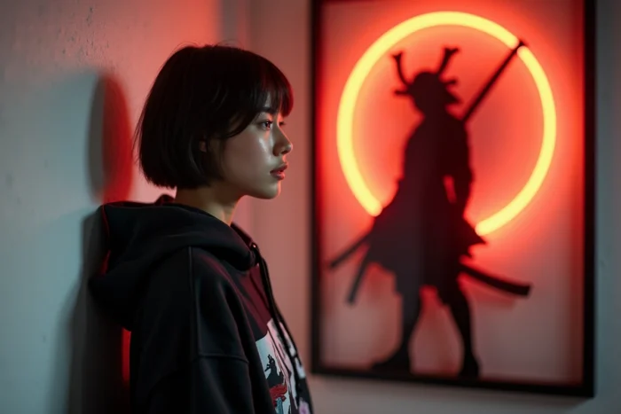 Jeune femme devant un néon manga de samouraï orange et rouge dans un appartement parisien moderne
