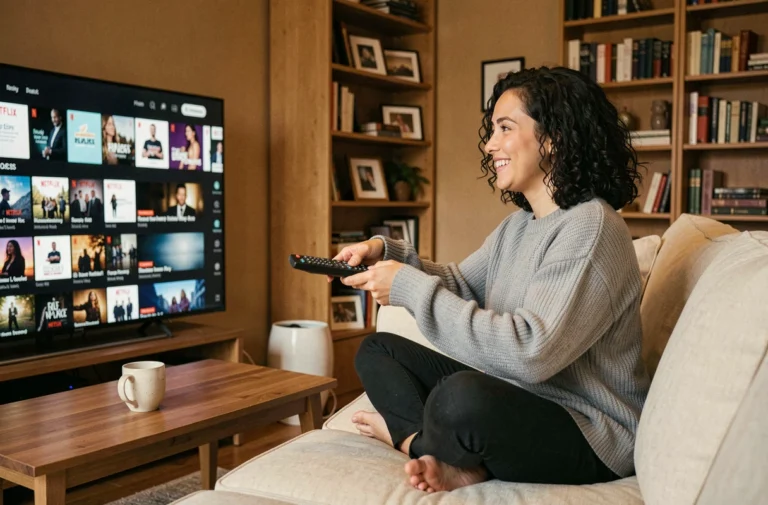 Femme regardant Netflix sur sa télévision depuis son canapé avec une télécommande Canal Plus