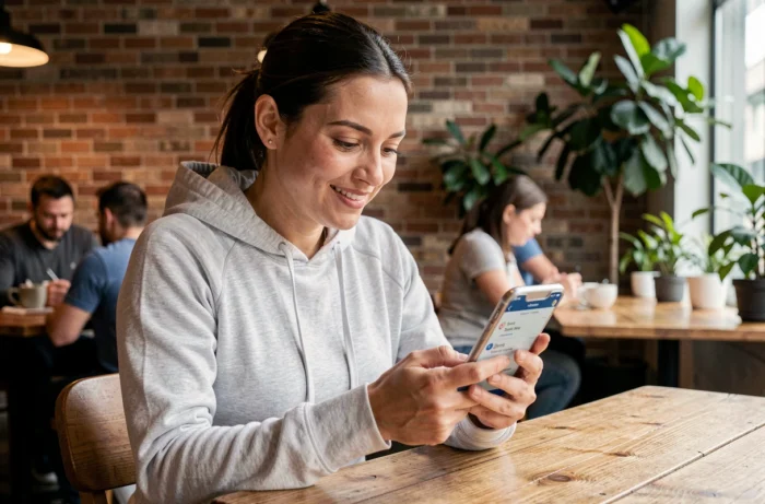 Femme consultant une application de réservation d'activités sportives sur smartphone dans un café moderne
