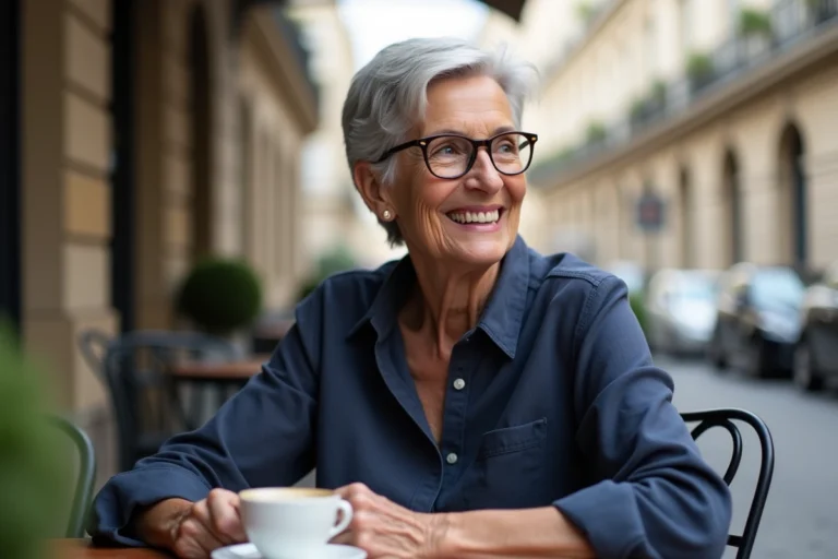 Femme de 70 ans souriante en terrasse de café parisien, représentant les septuagénaires en France