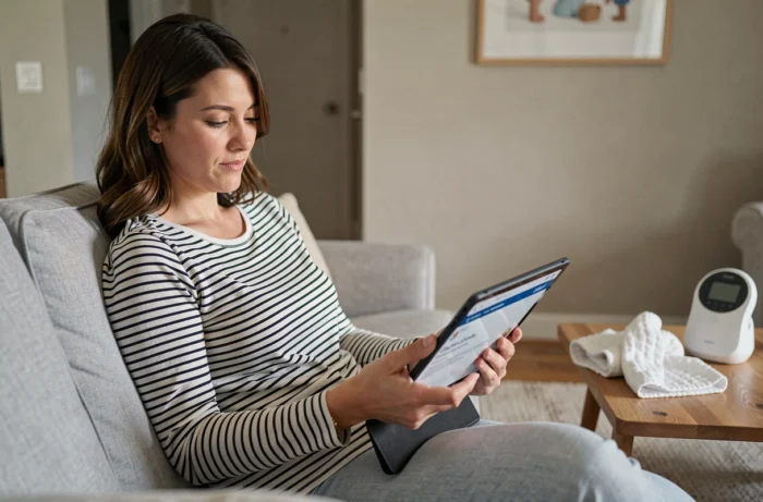 Frau, die die Kontaktseite eines Online-Babygeschäfts auf ihrem Tablet von ihrem Sofa aus konsultiert