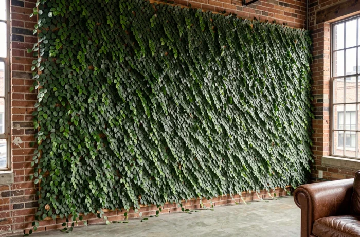 Ficus pumila recouvrant entièrement un pan de mur en briques apparentes dans un loft industriel avec son feuillage vert dense